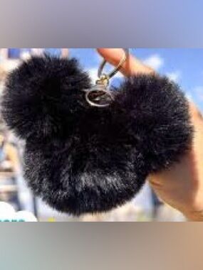 New Black Fuzzy Mickey Ears Key & Card Holder Charm with Heart Pendant Bag Charm